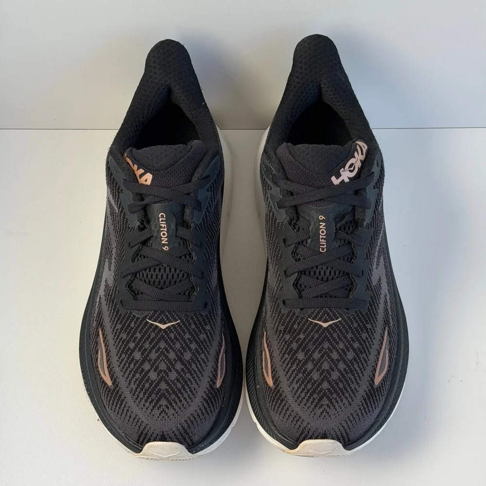 Hoka Clifton 9 Women 8 Black Rose Gold Road Running Shoes Cushion Comfort Gym